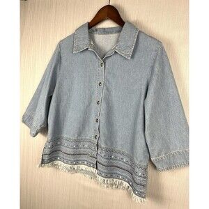 Boho Denim Button‎ Up Shacket Embroidered Fringe Hem 3/4 Sleeve M